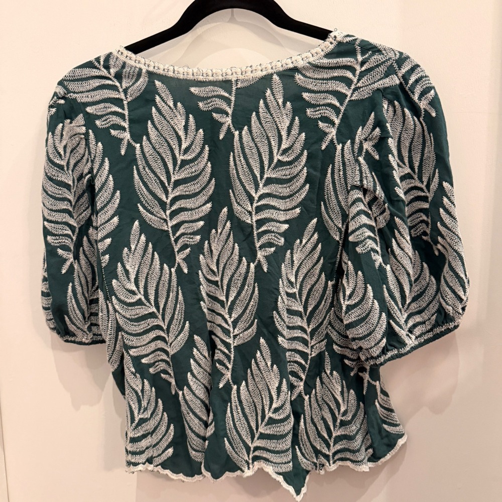 Solitaire Embroidered‎ Leaf Puff Sleeve Top Large Boho Cottagecore Green - Picture 5 of 6